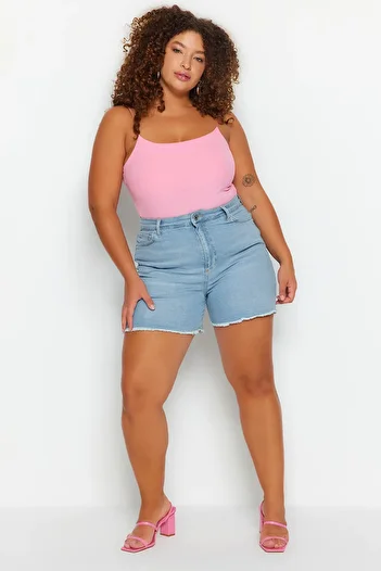 Trendyol Curve Light Blue High Waist Stretchy Skinny Denim Shorts & Bermuda TBBSS22AP0007