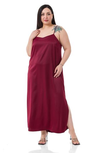 DISENTIS MODEST Plus Size Adjustable Thin Straps Side Slit Satin Burgundy Dress