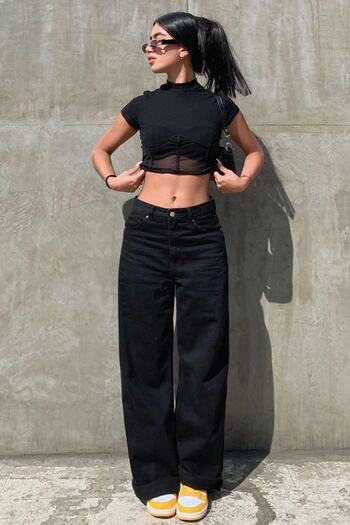LİMABEL High Waist Lycra Black Palazzo Denim Trousers Wide Leg Jeans