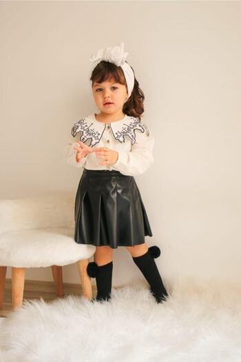MASAL DÜNYAM Girl's Black Leather Skirt and Ecru Blouse Top and Bottom Set