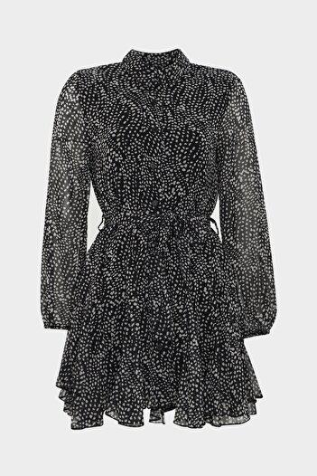 Açelya Okcu Polo Neck Crispy Pattern Button Detailed Chiffon Mini Dress
