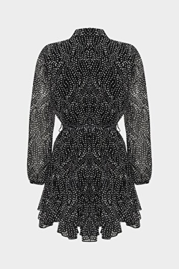 Açelya Okcu Polo Neck Crispy Pattern Button Detailed Chiffon Mini Dress