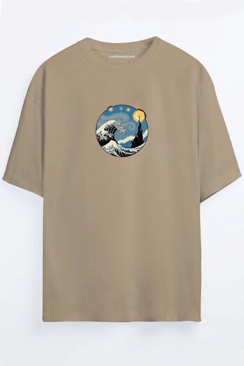 Harmandar Starry Night Wave - Wave Printed Unisex Μαύρο - Λευκό - Πορτοκαλί - Μπεζ Oversize T-shirt