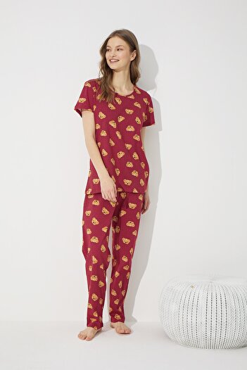 Siyah İnci Claret Red Teddy Bear Patterned Cotton Lycra Pajama Set