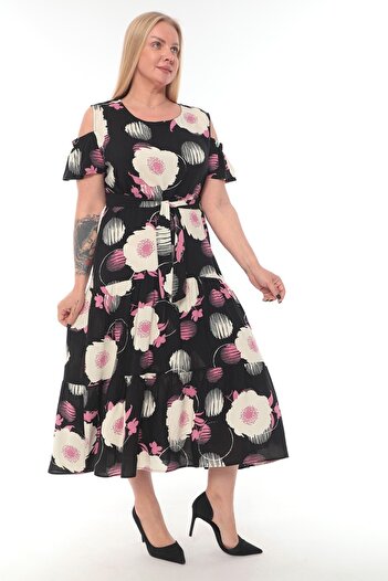 etselements X Modapo Women's Double Breasted Floral Print Belted Plus Size Dress