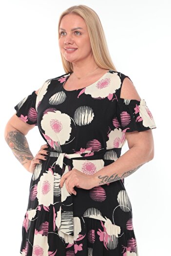 etselements X Modapo Women's Double Breasted Floral Print Belted Plus Size Dress