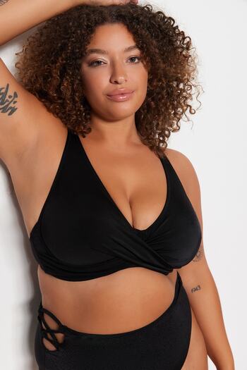 Trendyol Curve Black Deep V Gathered Large Size Bikini Top Tbbss23Ct00011