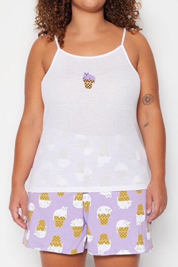 Trendyol Curve Lilac Ice Cream Printed Suspender Knitted Shorts Pajamas Set Tbbss23Ai00006