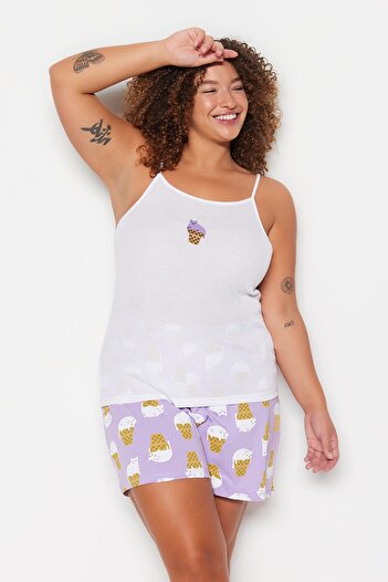 Trendyol Curve Lilac Ice Cream Printed Suspender Knitted Shorts Pajamas Set Tbbss23Ai00006