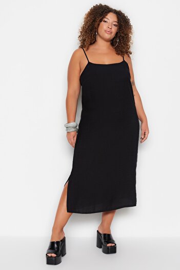 Trendyol Curve Black Thin Strap Slit Woven Plus Size Dress Tbbss23Ah00145