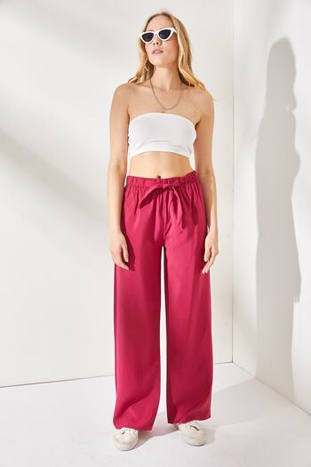 Olalook Women's Dark Fuchsia Belted Elastic Waist Palazzo Ayrobin Trousers PNT-19000200