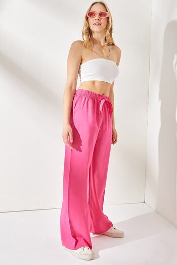 Olalook Women's Pink Belted Elastic Waist Palazzo Ayrobin Trousers PNT-19000200