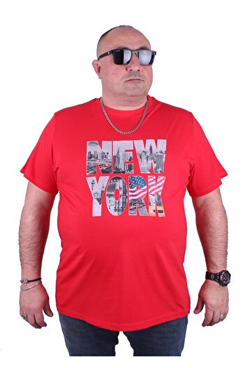 Starbattal Large Size Men's Printed T-Shirt New York 23129 Red
