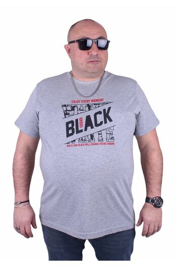 Starbattal Large Size Men's Printed T-Shirt Black 23127 Gray Melange