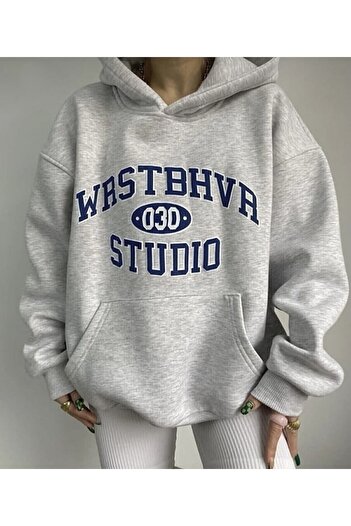 Josette Unisex Gri Vrstbhvr Baskılı Kapüşonlu Oversize Sweatshirt