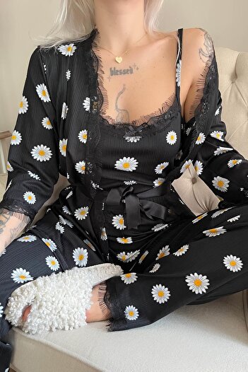 Pijamaevi Μαύρο Σετ Πιτζάμες Pegasus Daisy Daisy με ρόμπα