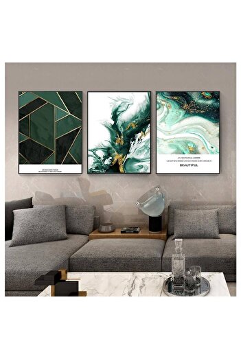Linacci Triple Black Aluminum Metal Framed Written Green Marble Pattern Glass Table Poster Set