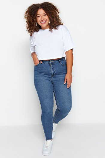 Trendyol Curve Blugi skinny elastici albaștri cu talie înaltă cu buzunar TBBSS23CJ00018
