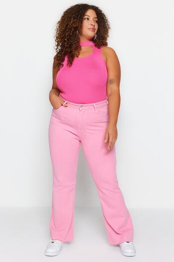 Trendyol Curve Pink High Waist Spanish Jeans with Cut-Outs TBBSS23AR00007