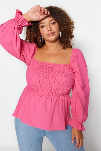 Trendyol Curve Pink Heart Collar Woven Blouse TBBSS23AF00035