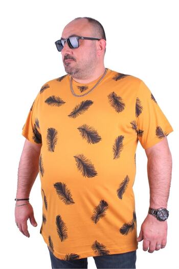 MocGrande Plus Size T-Shirt Crew Neck Feather 23149 Mustard