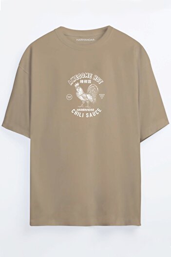 Harmandar Chili Sauce Printed Unisex Μαύρο - Πορτοκαλί - Μπεζ Oversize T-shirt
