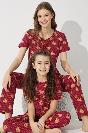 Siyah İnci Claret Red Teddy Bear Patterned Cotton Lycra Pajama Set