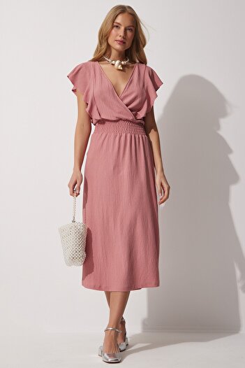 Happiness İstanbul Γυναικείο πλεκτό φόρεμα Dusty Rose Flounce με υφή CI00025
