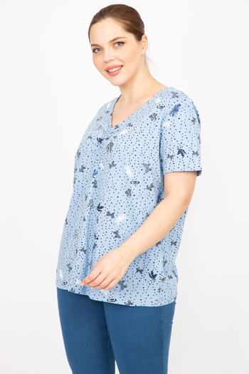 Şans Women's Blue Large Size Cotton Fabric Chest Gathered Blouse 65n35864