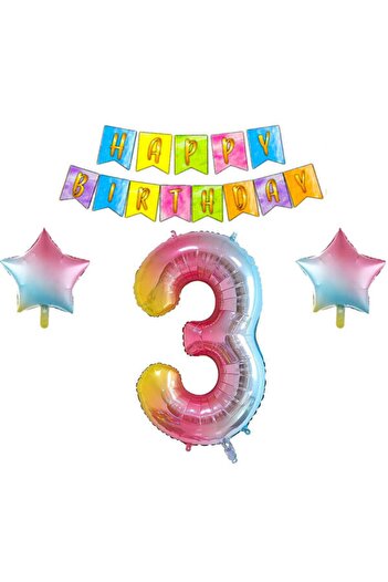 Lulucodesing Rainbow Concept 3 Years Birthday Party Celebration Set; Number and Star Foil, Banner
