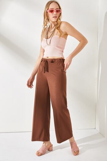 Olalook Women's Bitter Brown Elastic Waist Belted Palazzo Trousers PNT-19000211