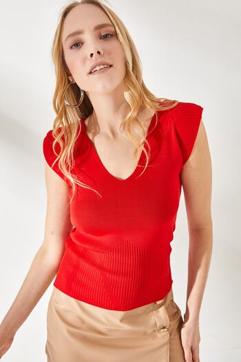 Olalook Women's Red Shoulder and Skirt Detailed Front Back V Knitwear Blouse BLZ-19002207