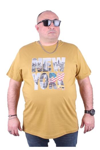 Starbattal Large Size Men's Printed T-Shirt New York 23129 Mustard