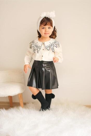 MASAL DÜNYAM Girl's Black Leather Skirt and Ecru Blouse Top and Bottom Set