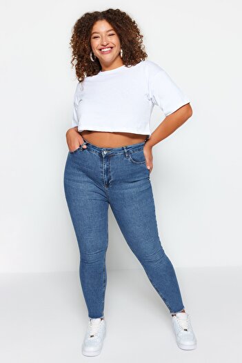 Trendyol Curve Blugi skinny elastici albaștri cu talie înaltă cu buzunar TBBSS23CJ00018