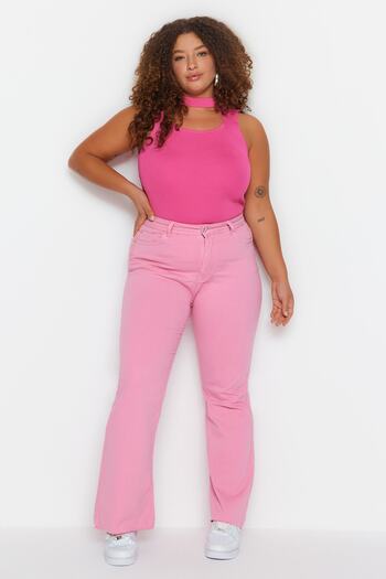 Trendyol Curve Pink High Waist Spanish Jeans with Cut-Outs TBBSS23AR00007