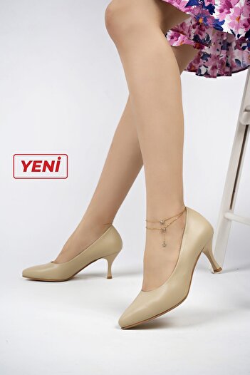 Deripabuc Genuine Leather Beige Women's Heeled Leather Shoes Shn-0224