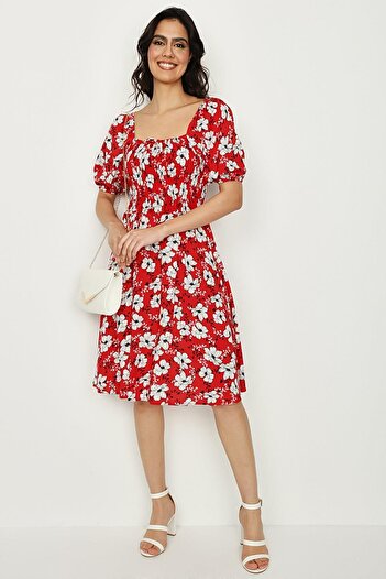Select Moda Women's Red Floral Square Neck Balloon Sleeve Dress