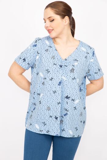 Şans Women's Blue Large Size Cotton Fabric Chest Gathered Blouse 65n35864
