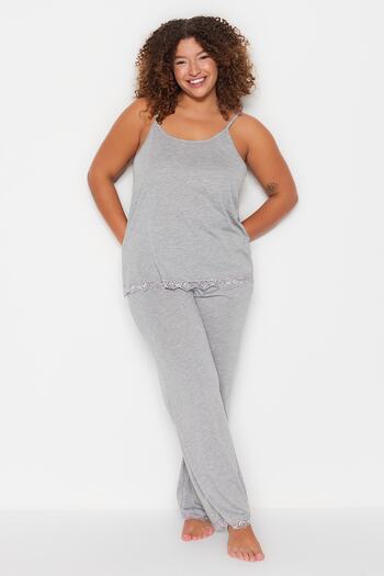 Trendyol Curve Gray Lace Detailed Knitted Pajama Set