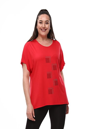 xlargebutik Plus Size Women's Clothing Red Full Flexible Front Stone Blouse