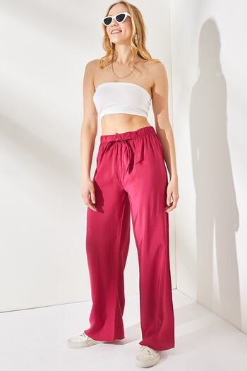 Olalook Women's Dark Fuchsia Belted Elastic Waist Palazzo Ayrobin Trousers PNT-19000200