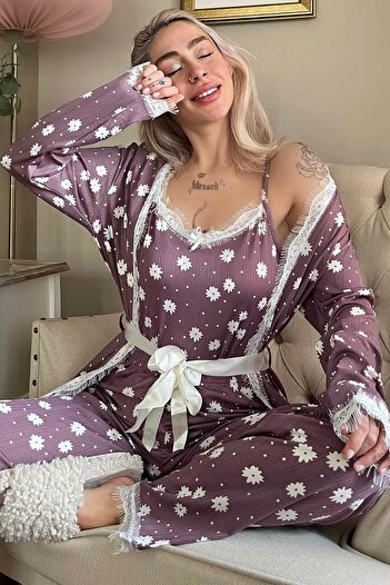 Pijamaevi Lilac Daisy Patterned Pegasus Pajama Set with Dressing Gown