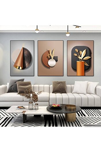 Linacci Triple Black Aluminum Metal Framed Minimalist White Detail Glass Table Poster Set