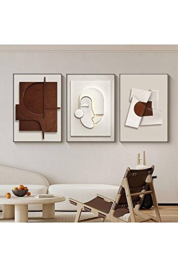 Linacci Triple Black Aluminum Metal Framed Abstract Brown White Blue Glass Painting Poster Set