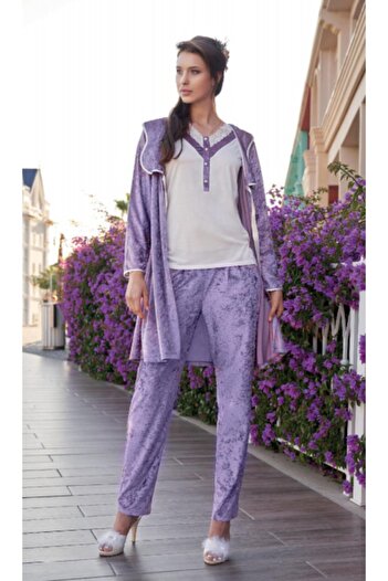 Jar Pierre Pijama Sabahlık Ve Kimona Kadife 3 Lü Set 310 Mavi-l