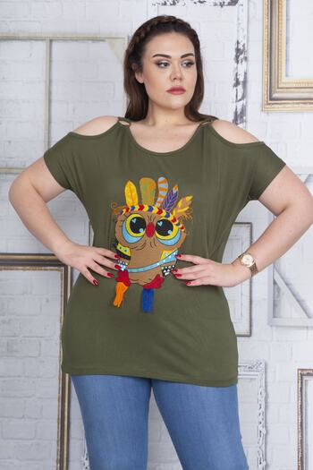 Şans Women's Plus Size Khaki Front Embroidery Detailed Off-Shoulder Blouse 65n22720