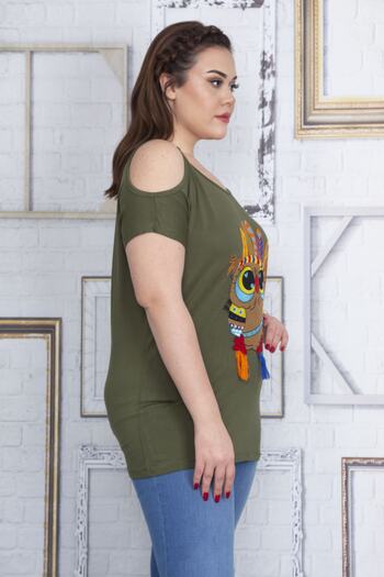 Şans Women's Plus Size Khaki Front Embroidery Detailed Off-Shoulder Blouse 65n22720