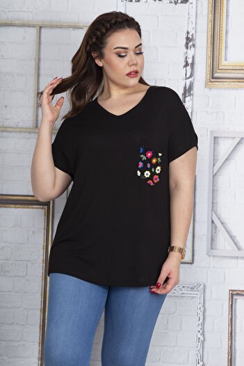 Şans Women's Large Size Black Pocket Print Pattern Tulle Detailed Low Sleeve Viscose Blouse 65n22702