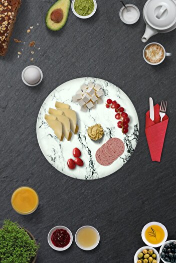 Decorita 2'li Takım | Cam Tabak - Kahvaltı Tabağı - Pasta Tabağı | Beyaz Mermer Görünümlü | Çap32cm